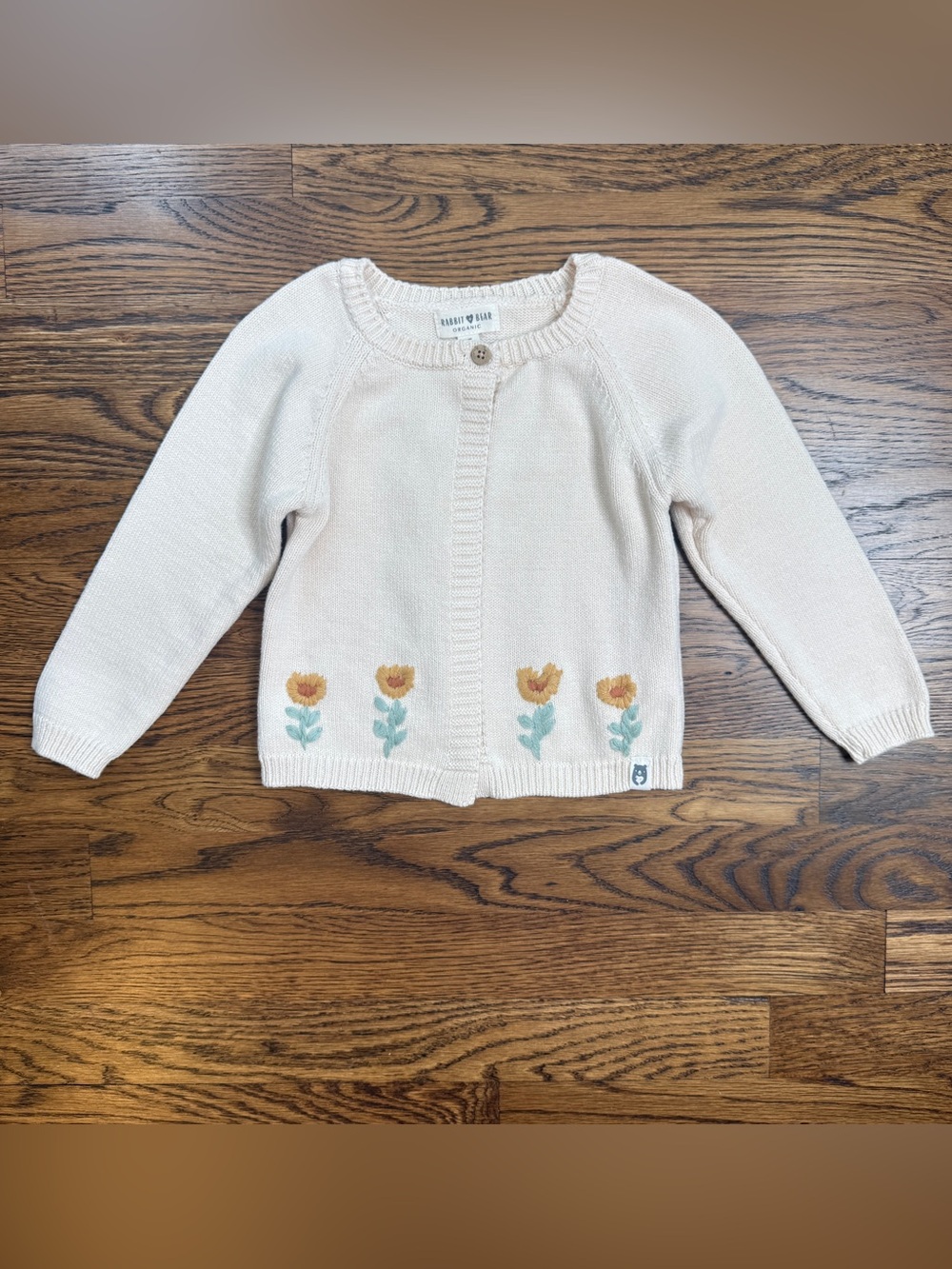 Rabbit + Bear Girls Cream Organic Knit Cardigan with Floral Yarn Embroidery 2T